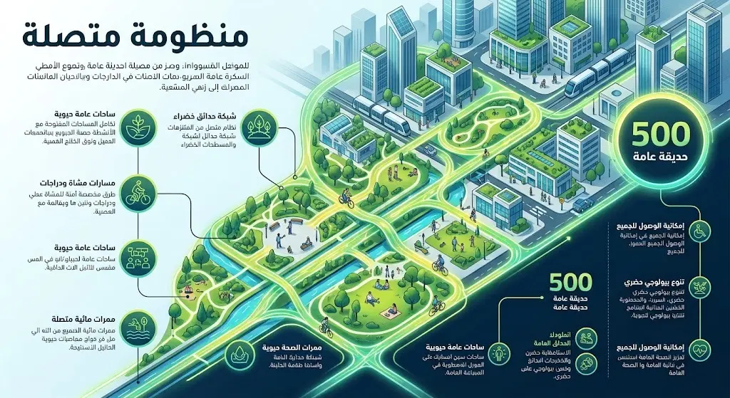 رسم تعبيري يظهر ترابط الحدائق العامة والمساحات الخضراء بشبكة من الممرات الحضرية في مدينة جدة.