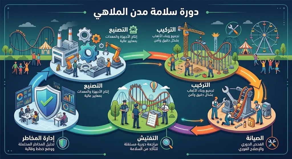 إنفوجرافيك بياني يستعرض دورة سلامة مدن الملاهي بدءاً من التصنيع والتركيب وصولاً إلى التفتيش وإدارة المخاطر.