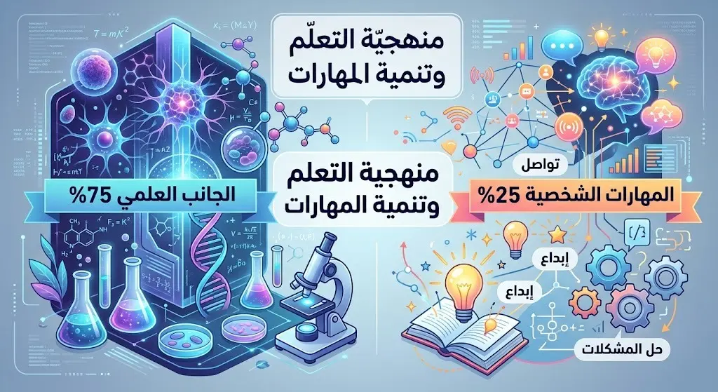 رسم بياني إبداعي يوضح منهجية التعلم في برنامج موهبة بتقسيم 75% للجانب العلمي و25% لتطوير المهارات الشخصية.