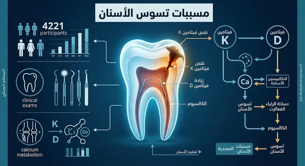 إنفوجرافيك طبي يستعرض منهجية الدراسة والمسببات المحتملة لتسوس الأسنان الناتجة عن اختلال نسب فيتاميني K و D.