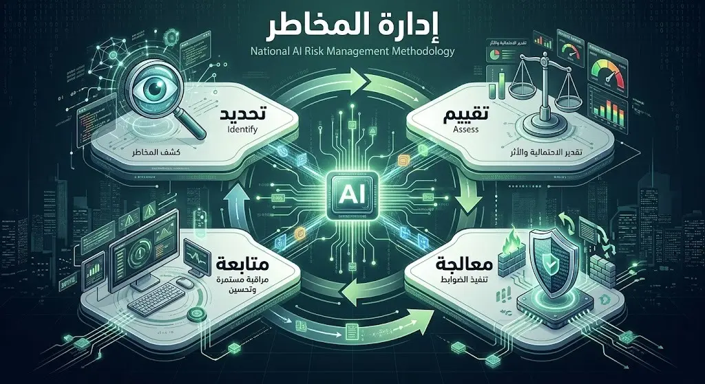 إنفوجرافيك يوضح الخطوات الأربع الرئيسية للمنهجية الوطنية لإدارة مخاطر الذكاء الاصطناعي: التحديد، التقييم، المعالجة، والمتابعة.
