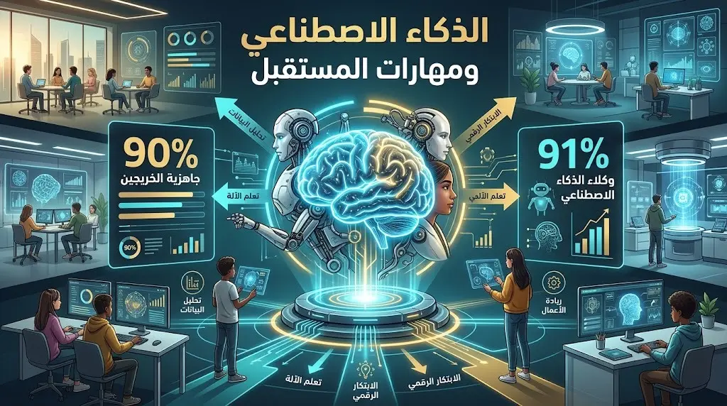 إنفوجرافيك يوضح إحصائيات دراسة جاهزية الخريجين لسوق العمل وتبني تقنيات الذكاء الاصطناعي.