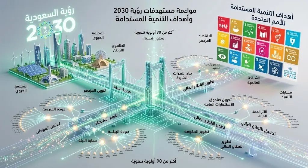تصميم مرئي يوضح الترابط الوثيق بين أهداف التنمية المستدامة العالمية ومبادرات رؤية السعودية 2030 عبر شبكة من الأولويات.