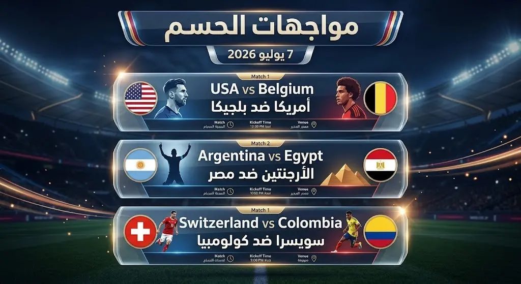 إنفوجرافيك رياضي احترافي يستعرض المواجهات الثلاث المتبقية في دور الـ16 من كأس العالم، متضمناً مباراة مصر والأرجنتين، أمريكا وبلجيكا، وسويسرا وكولومبيا.