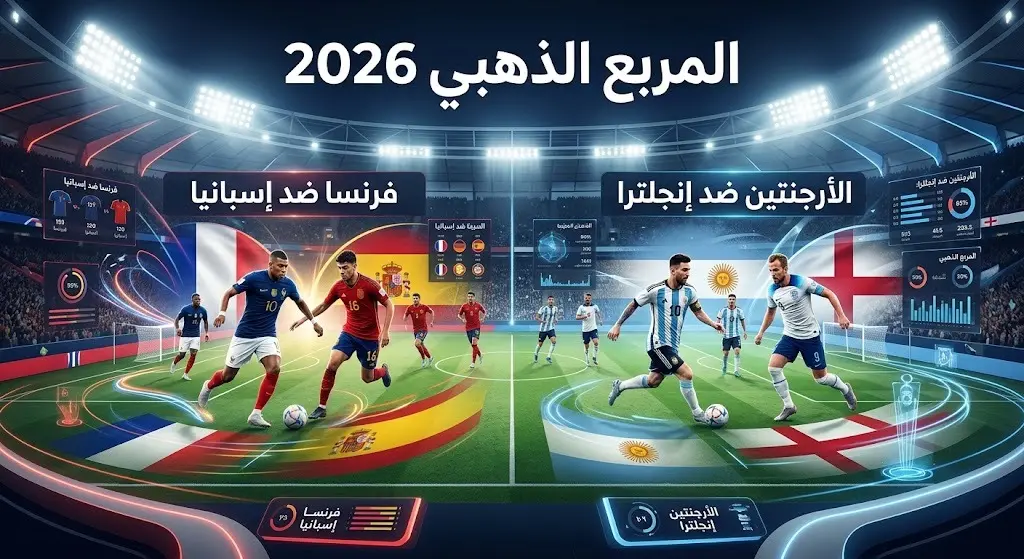 تصميم بصري يبرز مواجهات المربع الذهبي لكأس العالم 2026 بين فرنسا وإسبانيا، والأرجنتين وإنجلترا.