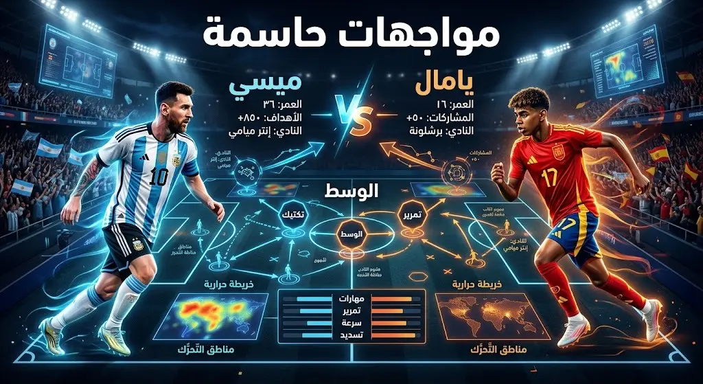 تصميم يبرز أهم المواجهات الفردية التكتيكية داخل الملعب بين لاعبي إسبانيا والأرجنتين.