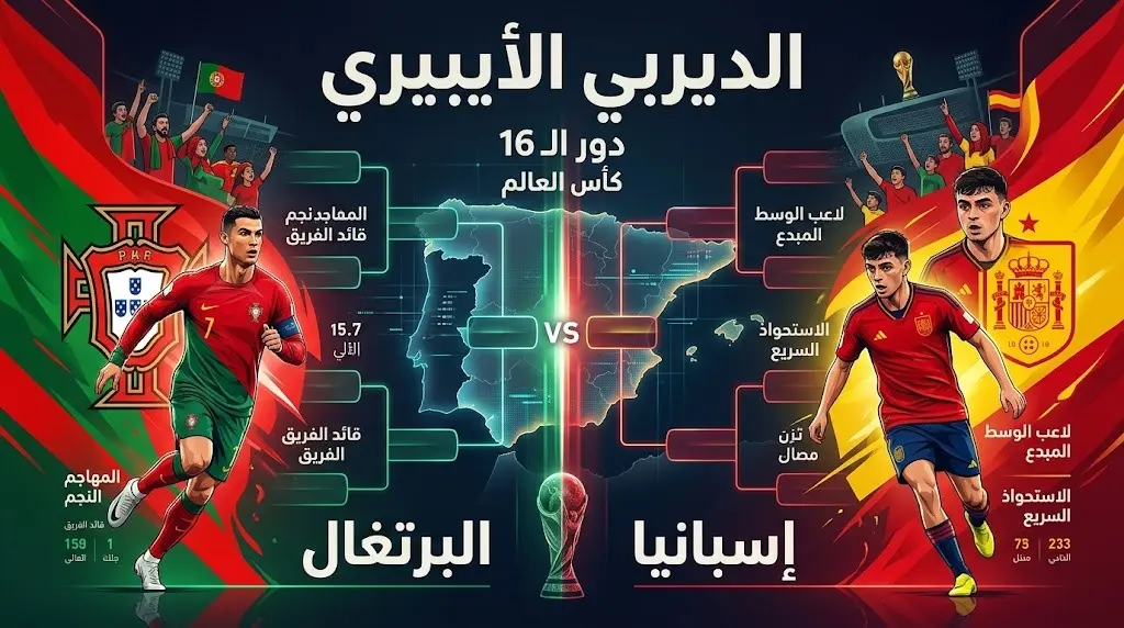 تصميم بصري يبرز المواجهة المرتقبة في دور الـ 16 بين منتخبي البرتغال وإسبانيا في كأس العالم 2026.
