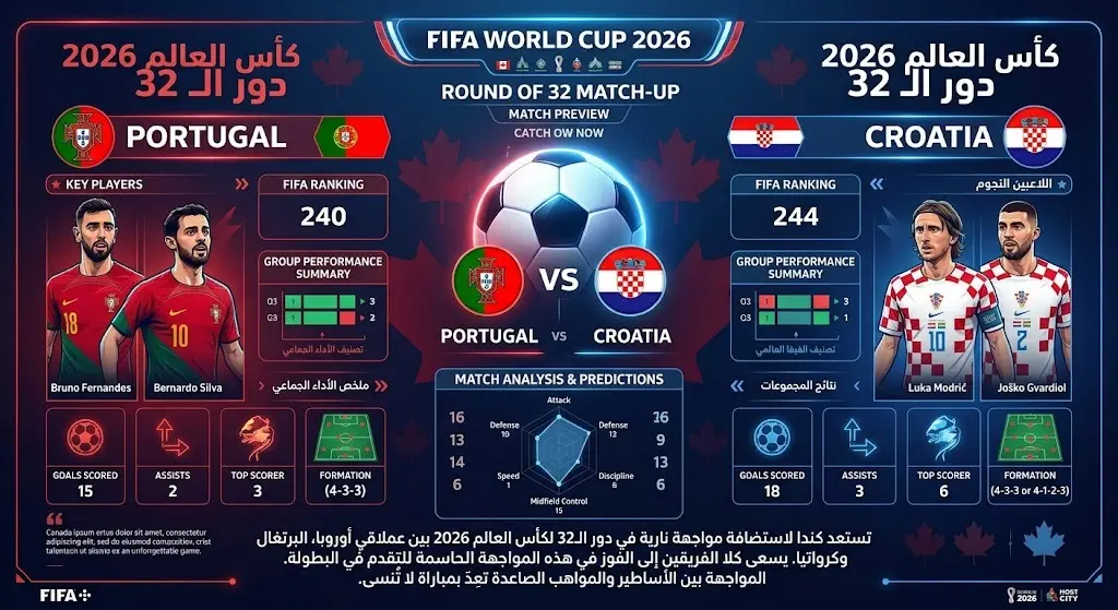 إنفوجرافيك رياضي يستعرض تفاصيل مباراة البرتغال وكرواتيا في دور الـ32 من كأس العالم 2026 المقامة في كندا