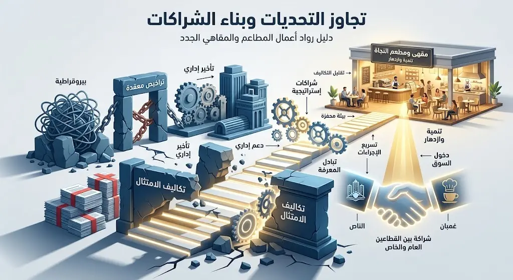 تصميم إنفوجرافيك إبداعي يبرز مسار تجاوز التحديات التنظيمية وبناء الشراكات لرواد الأعمال في قطاع المطاعم والمقاهي