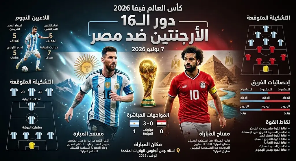إنفوجرافيك ترويجي للمواجهة المرتقبة بين منتخبي الأرجنتين ومصر في دور الستة عشر من كأس العالم 2026.