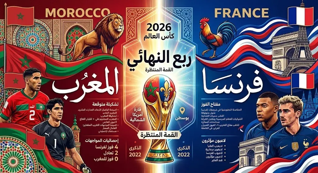 إنفوجرافيك احترافي يعرض المواجهة المرتقبة بين المغرب وفرنسا في ربع نهائي المونديال بألوان المنتخبين