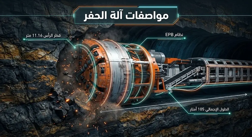 إنفوجرافيك ثلاثي الأبعاد يستعرض التصميم الهندسي والمواصفات الفنية لآلة حفر أنفاق قطار الرياض، موضحاً قطر رأس القطع والطول الإجمالي.