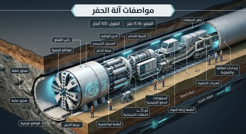 تصميم إنفوجرافيك يوضح مواصفات آلة حفر الأنفاق العميقة لمشروع قطار الرياض، مبرزاً طولها البالغ 105 أمتار وقطرها 11.16 متراً تحت طبقات الأرض.