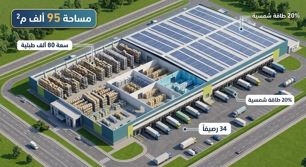 رسم ثلاثي الأبعاد يستعرض تفاصيل البنية التحتية لمنشأة البحري للإيداع، مبرزاً المساحة، الطاقة الاستيعابية، والأرصفة.