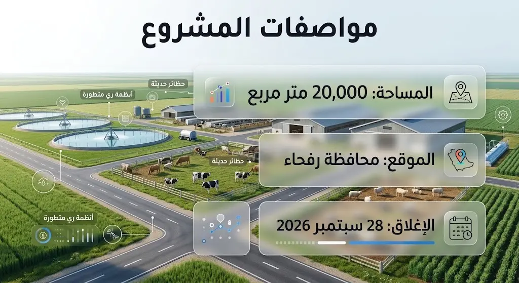 إنفوجرافيك احترافي يستعرض مواصفات مشروع تربية وتسمين المواشي في محافظة رفحاء متضمناً المساحة، الموقع، وآخر موعد لاستلام العروض.