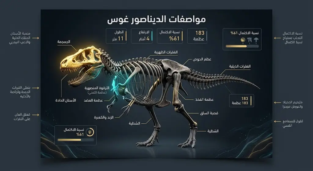 إنفوجرافيك يوضح المواصفات الفيزيائية والأبعاد لهيكل الديناصور غوس، متضمناً الطول والارتفاع ونسبة الاكتمال.