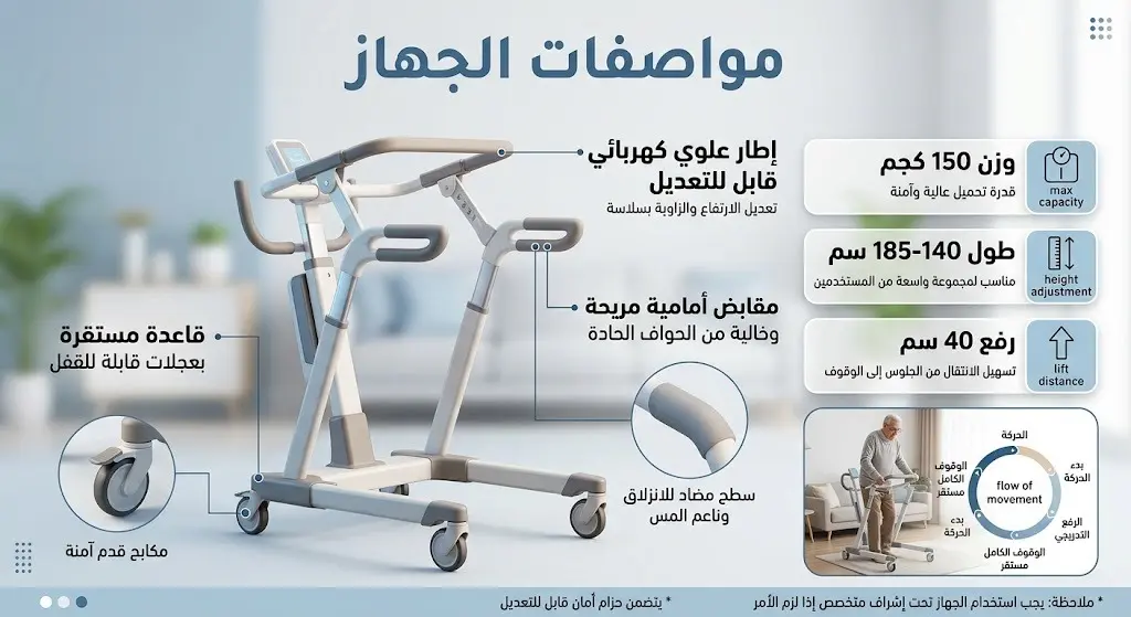 إنفوجرافيك ثلاثي الأبعاد يستعرض المواصفات الفنية لجهاز مساعدة كبار السن الجديد، موضحاً قدرة التحمل، الأطوال المدعومة، ومميزات الأمان.