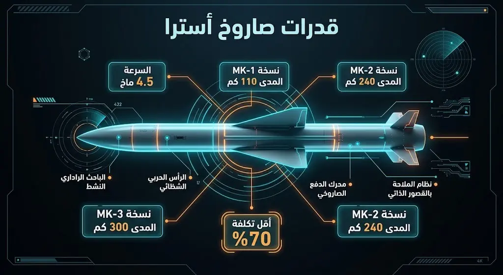 إنفوجرافيك فني يستعرض المواصفات الفنية لصاروخ أسترا، موضحاً سرعته البالغة 4.5 ماخ، والمدى العملياتي لأجياله الثلاثة، وميزته الاقتصادية.