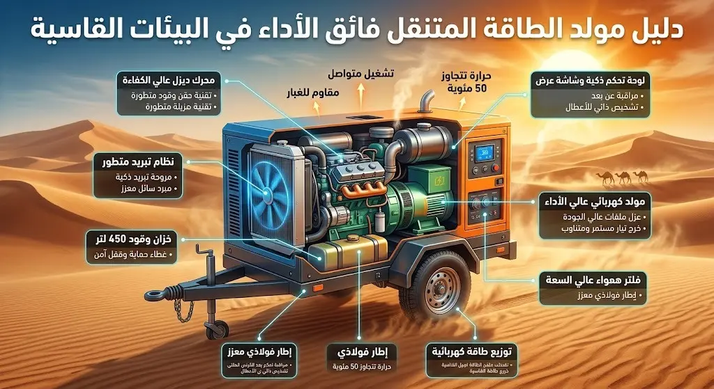إنفوجرافيك يوضح المواصفات الفنية للمولدات المتنقلة المخصصة للعمل في البيئات الصحراوية القاسية.