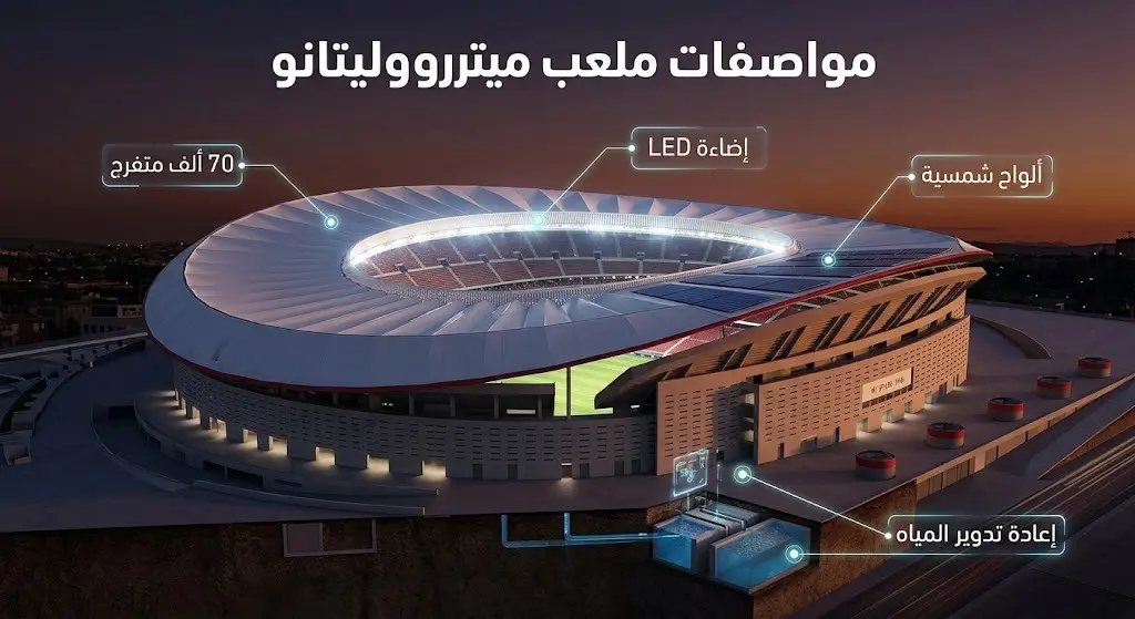 تصميم إنفوجرافيك ثلاثي الأبعاد يوضح المواصفات المعمارية والبيئية لملعب ميتروبوليتانو، مبرزاً الإضاءة الحديثة والطاقة المتجددة.