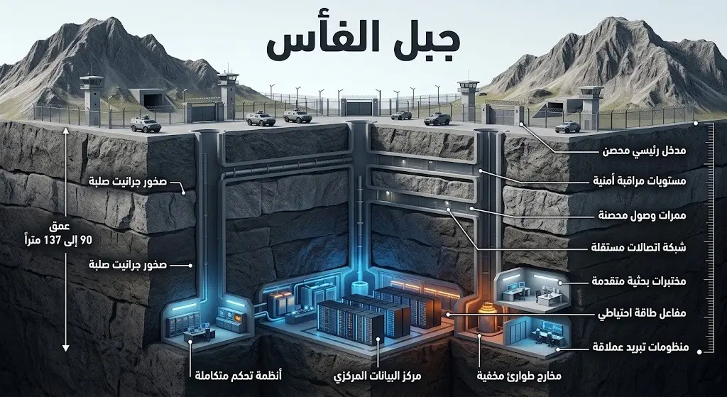 إنفوجرافيك ثلاثي الأبعاد يوضح المقطع العرضي لمنشأة جبل الفأس الإيرانية والأنفاق العميقة تحت صخور الجرانيت الصلبة.