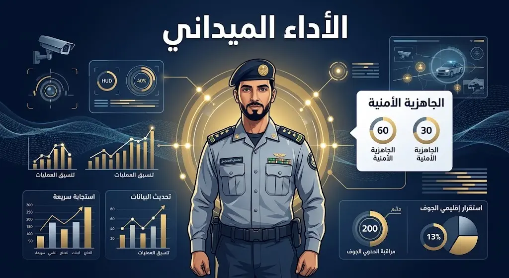 تصميم دمج بصري وإنفوجرافيك يعبر عن الجاهزية الأمنية ومواصلة الأداء الميداني للقطاعات الأمنية، مع عناصر رقمية ترمز للاستقرار وسرعة الاستجابة.