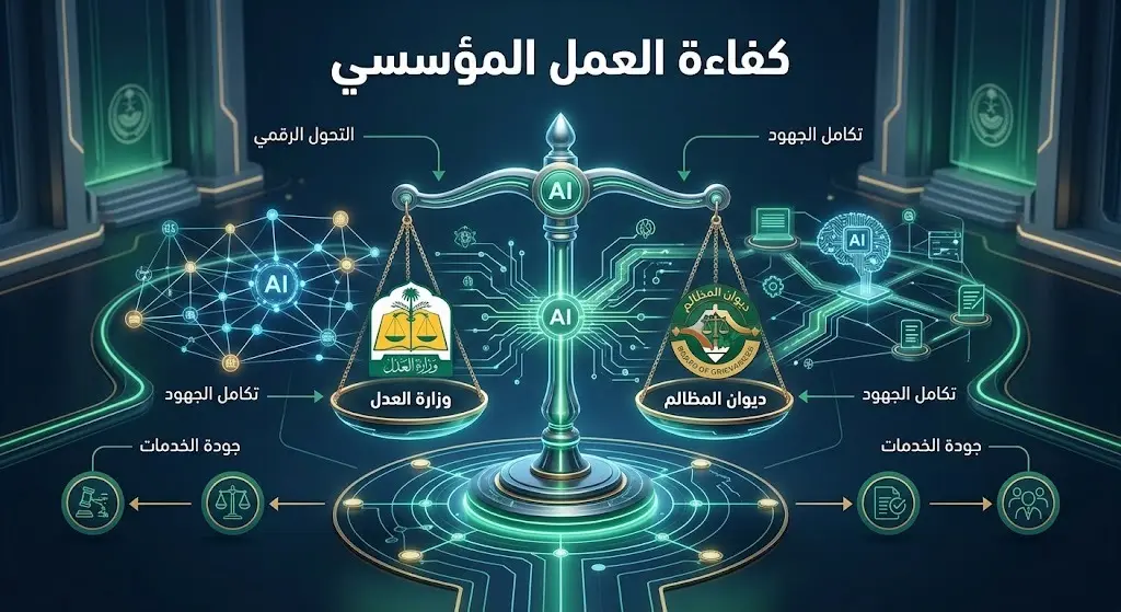 تصميم إنفوجرافيك إبداعي يجسد التكامل الرقمي والتعاون المؤسسي بين وزارة العدل وديوان المظالم لرفع كفاءة العمل وتفعيل الذكاء الاصطناعي.