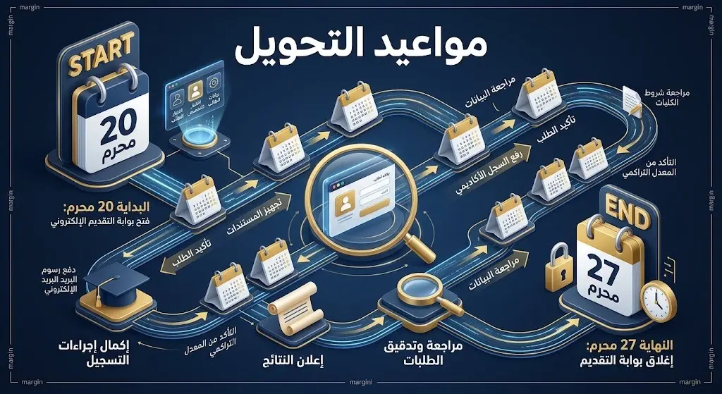 إنفوجرافيك يوضح مواعيد بدء وانتهاء استقبال طلبات التحويل في جامعة الباحة من 20 إلى 27 محرم