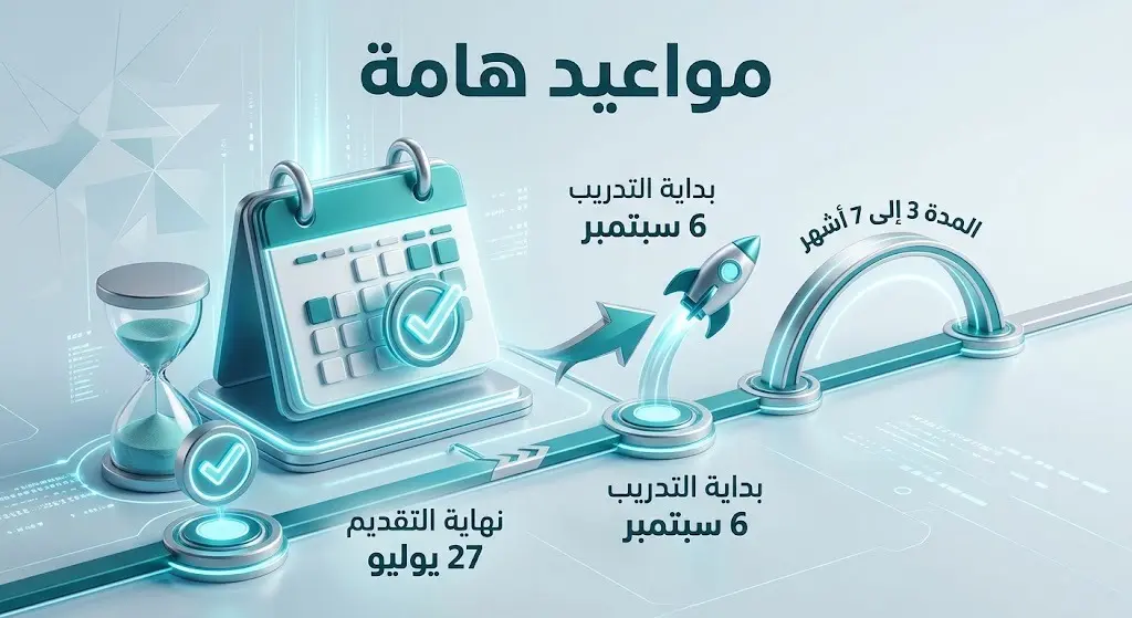 تصميم بياني يعرض خطاً زمنياً لمواعيد انتهاء التقديم وبداية التدريب التعاوني ومدته لعام 2026