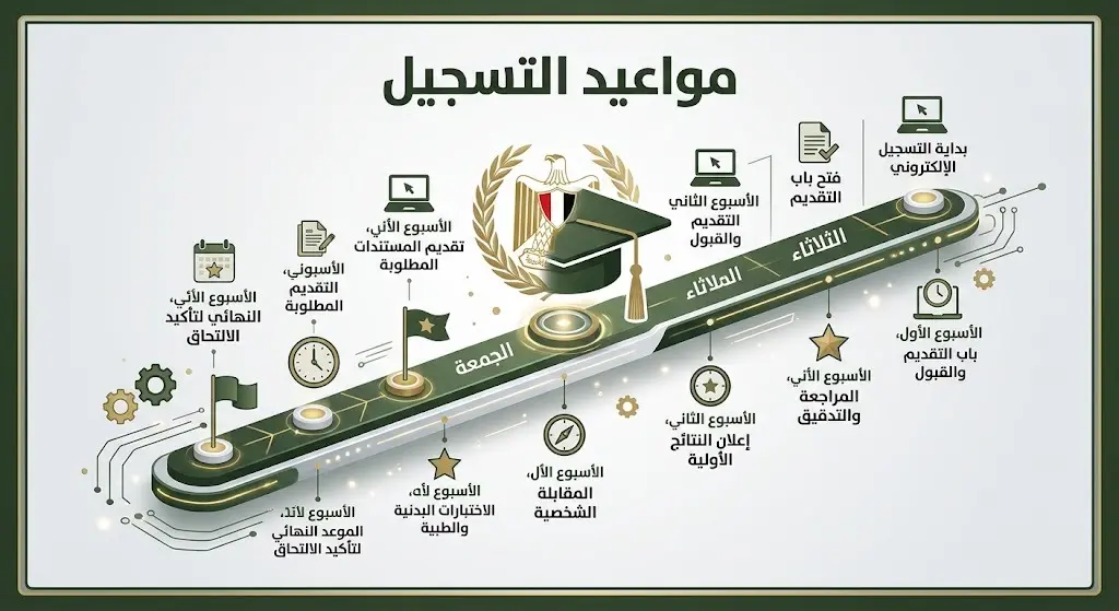 إنفوجرافيك يستعرض جدول مواعيد التسجيل للضباط الجامعيين في كلية الملك خالد العسكرية.