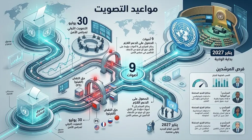تصميم بياني يستعرض المسار الزمني لانتخابات الأمم المتحدة من بدء التصويت الاستطلاعي وحتى تسلم المنصب في 2027.