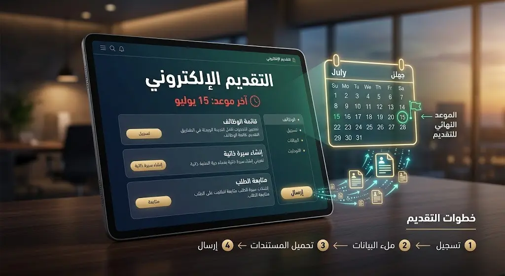 تصميم بصري إبداعي يوضح انطلاق مواعيد التقديم الإلكتروني للوظائف عبر الأجهزة الذكية بدءاً من 15 يوليو.