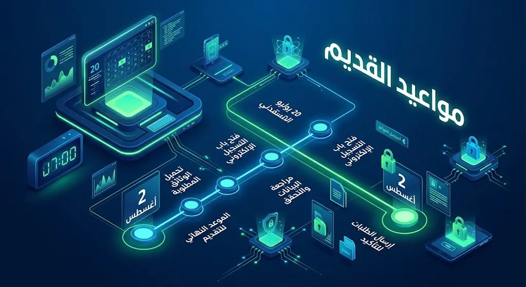 إنفوجرافيك زمني يوضح مواعيد التقديم لمعسكرات أكاديمية طويق بدءاً من 20 يوليو وحتى 2 أغسطس