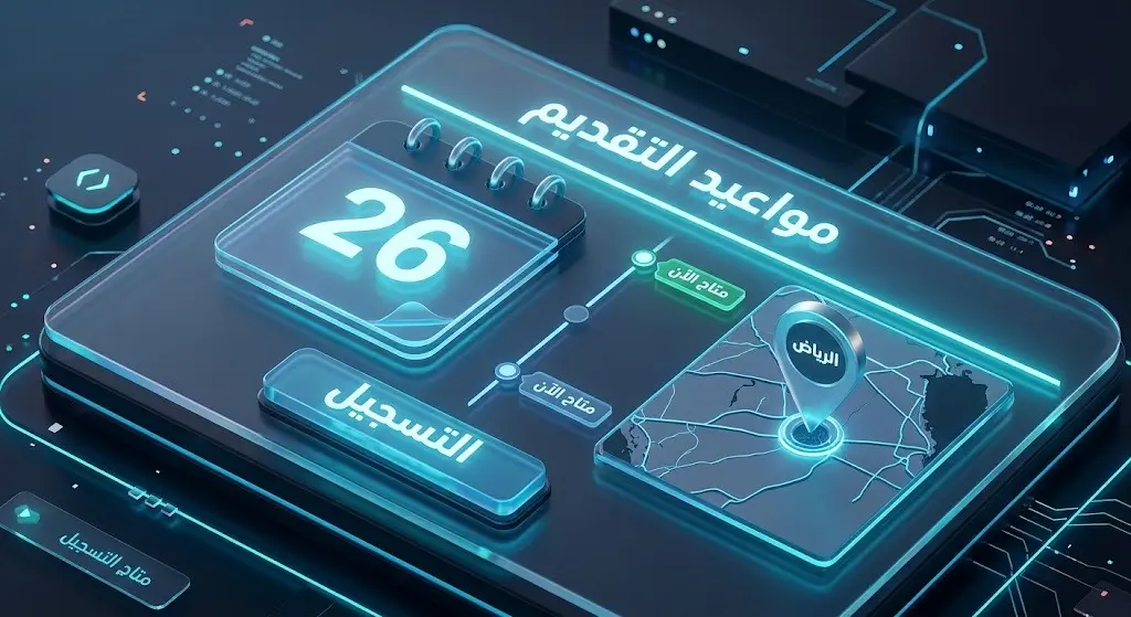 تصميم مرئي عصري يوضح تفاصيل التقديم ومواعيد التسجيل في البرنامج التدريبي بمدينة الرياض.