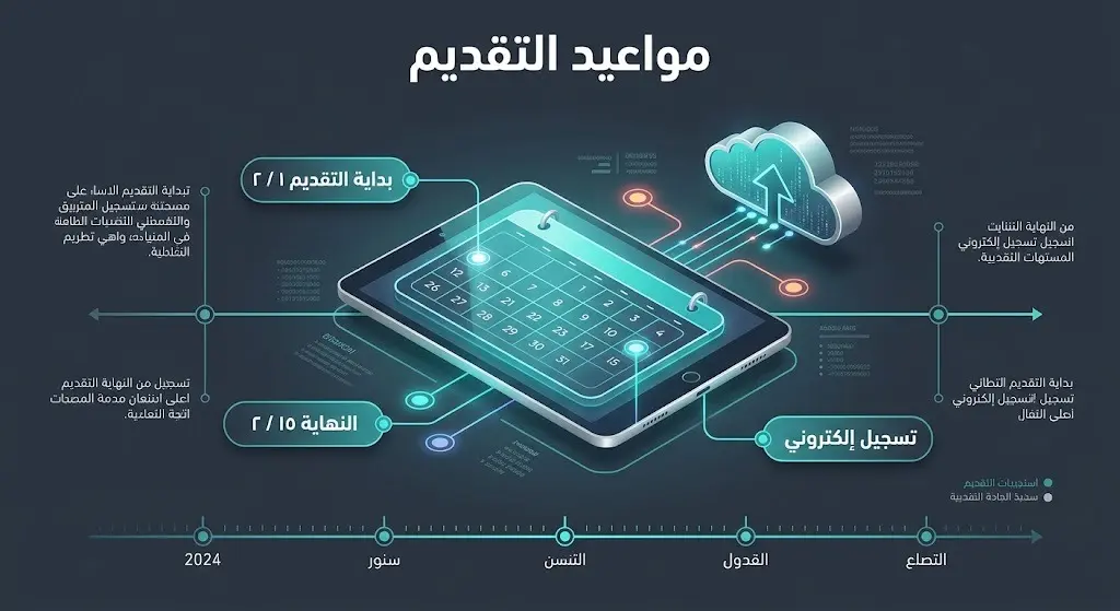 تصميم رقمي يستعرض الجدول الزمني لمواعيد التقديم ومسار التسجيل الإلكتروني
