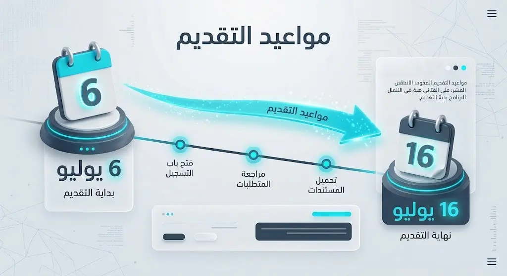 إنفوجرافيك زمني حديث يوضح بدء التسجيل في 6 يوليو وانتهائه في 16 يوليو 2026.