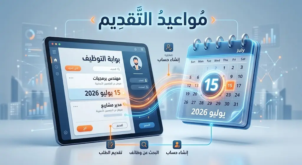 تصميم رقمي يوضح تاريخ بدء التقديم في 15 يوليو 2026 وخطوات التسجيل عبر بوابة التوظيف الإلكترونية.