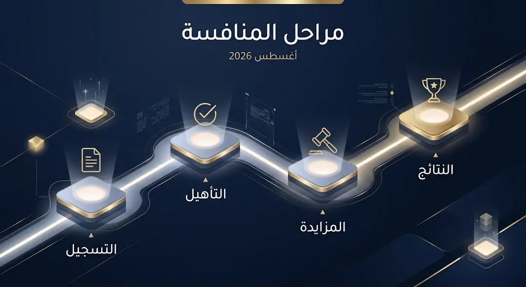 تصميم مرئي يعرض الجدول الزمني لمراحل المنافسة الأربعة على المواقع التعدينية خلال شهر أغسطس 2026.