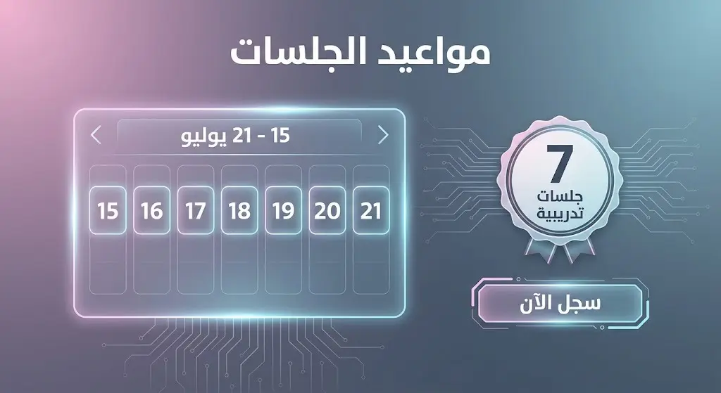 تصميم مرئي يعرض جدول المواعيد لبرنامج مهارات الذكاء الاصطناعي من 15 إلى 21 يوليو، متضمناً 7 جلسات عن بُعد وتفاصيل التسجيل.