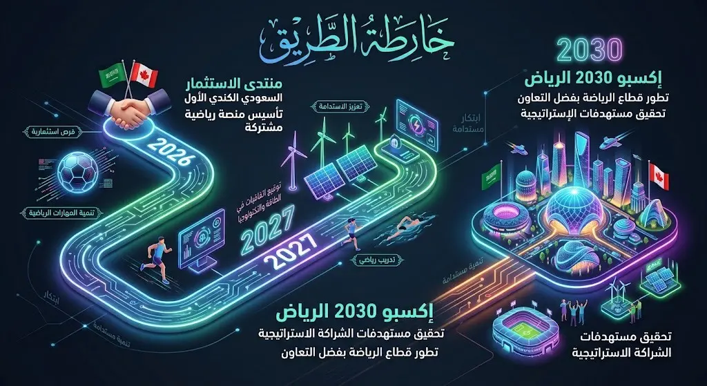 تصميم زمني يبرز أهم مواعيد القمم الاستثمارية والفعاليات المشتركة بين المملكة وكندا حتى عام 2030