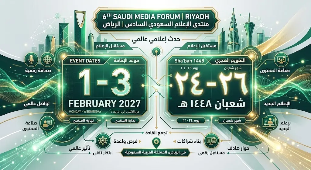 تصميم إنفوجرافيك يوضح مواعيد انطلاق النسخة السادسة من المنتدى السعودي للإعلام في الرياض خلال شهر فبراير 2027.