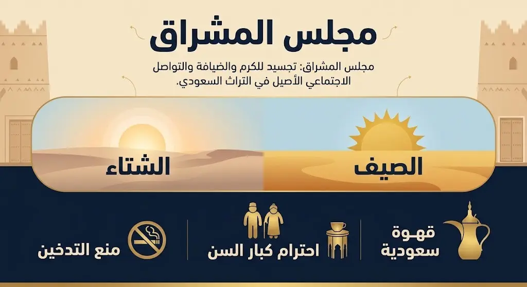 إنفوجرافيك إبداعي يوضح مواعيد انعقاد مجالس المشراق في الرياض قديماً خلال فصلي الشتاء والصيف، مع استعراض لأهم أعراف المجلس كتقديم القهوة السعودية، احترام كبار السن، ومنع التدخين.