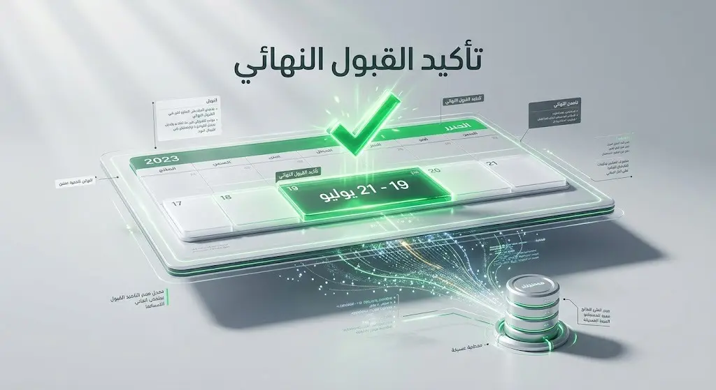 تصميم ثلاثي الأبعاد يوضح مواعيد تأكيد القبول النهائي في كليات الهيئة الملكية من 19 إلى 21 يوليو مع رمز تأكيد إلكتروني.