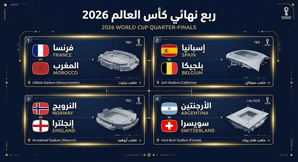 إنفوجرافيك يوضح جدول مباريات ربع نهائي كأس العالم 2026 والمنتخبات الثمانية المتأهلة والملاعب المستضيفة.
