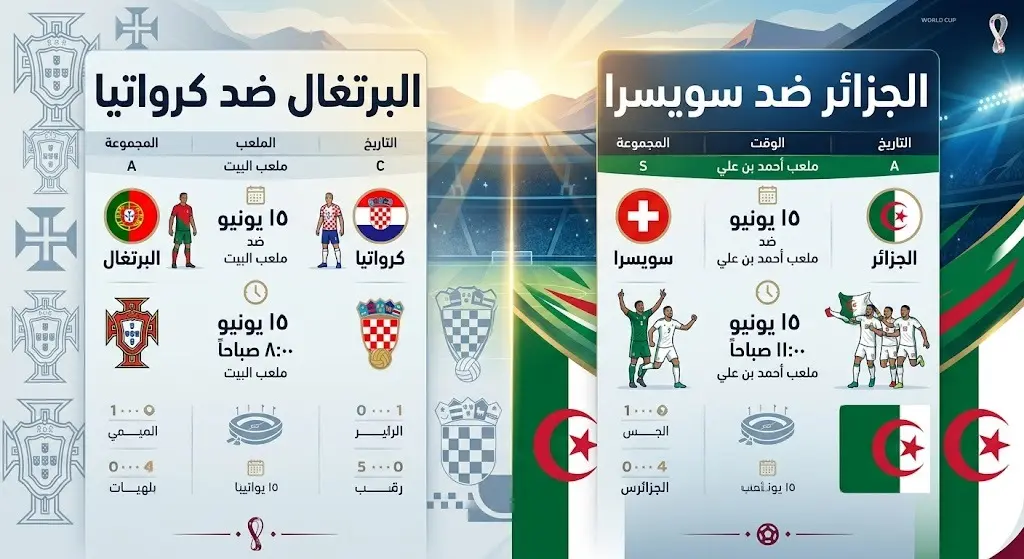 إنفوجرافيك يستعرض مواعيد مباريات صباح الجمعة في كأس العالم، وتحديداً مباراتي البرتغال وكرواتيا، والجزائر وسويسرا.
