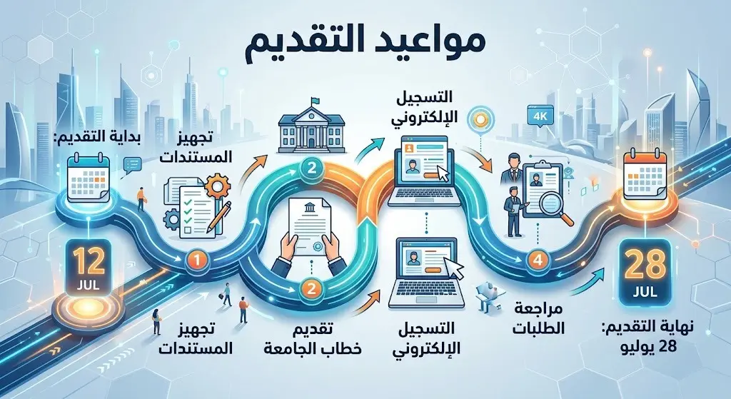 تصميم بصري يعرض مواعيد التقديم للبرنامج التدريبي من 12 إلى 28 يوليو، والخطوات الأساسية للتسجيل الإلكتروني.