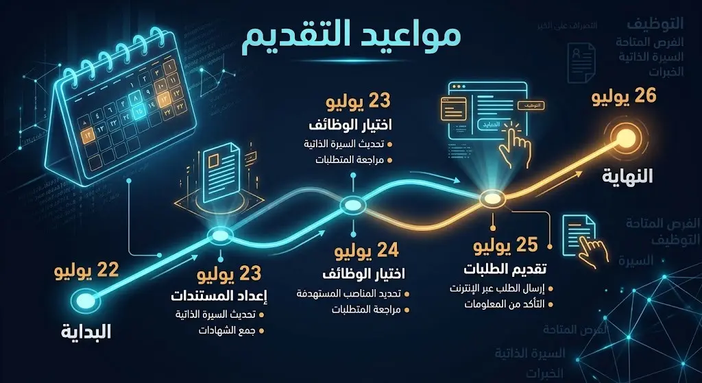 تصميم زمني يوضح بداية ونهاية فترة التقديم الإلكتروني على الوظائف من 22 إلى 26 يوليو 2026.