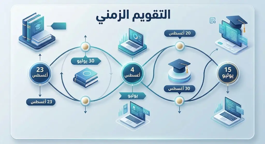 إنفوجرافيك زمني يوضح مواعيد التقديم وإعلان النتائج وبداية الدراسة في الكلية التطبيقية بالجامعة السعودية الإلكترونية