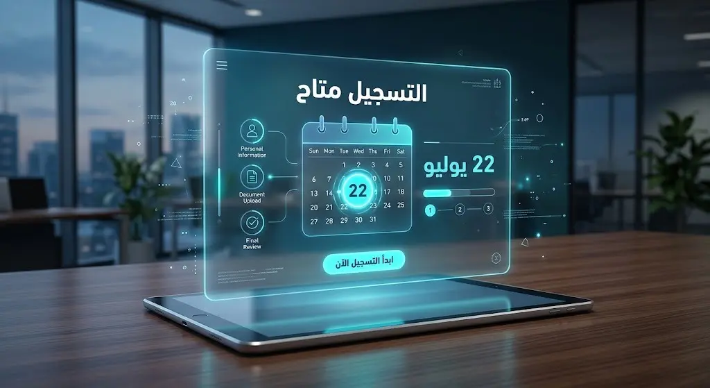 تصميم رقمي حديث يبرز شاشة لوحية وتفاصيل التقويم للإعلان عن بدء التسجيل الإلكتروني في البرنامج.
