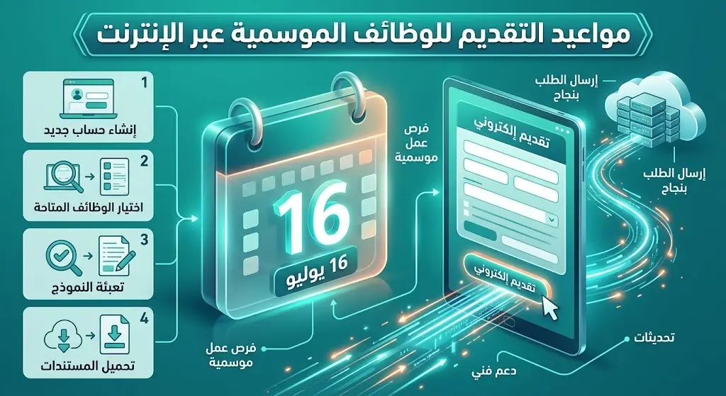 تصميم مرئي يبرز موعد انتهاء التقديم على الوظائف في 16 يوليو وآلية التسجيل الإلكتروني